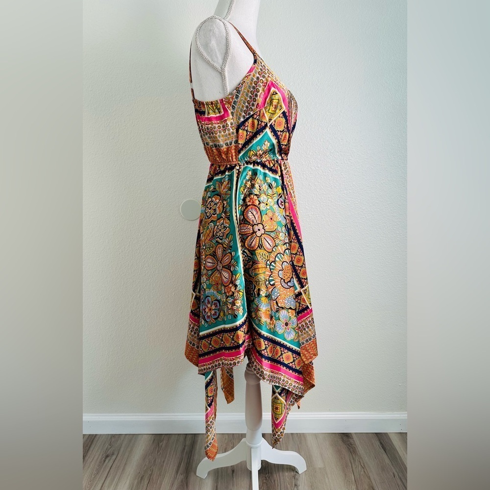 Rusttydustty Scarf Print Hanky Hem Cami Bohemian Dress Size Small - Picture 6 of 11